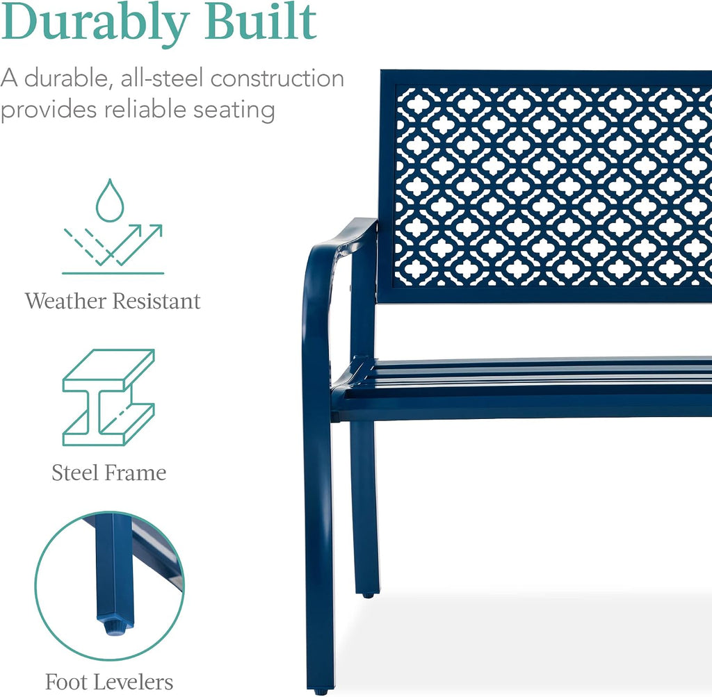 Best Choice Products Outdoor Bench 2-Person Metal Steel Benches Furniture for Garden, Patio, Porch, Entryway w/Geometric Backrest, 790lb Capacity - Peacock Blue