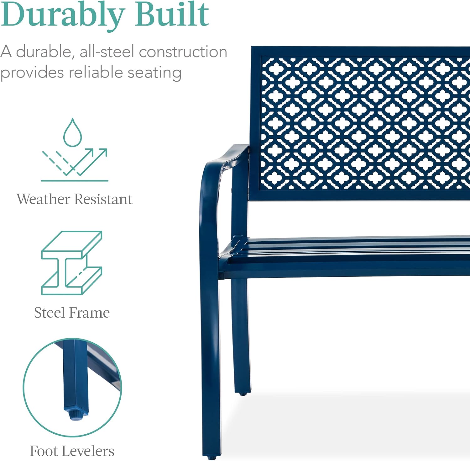 Best Choice Products Outdoor Bench 2-Person Metal Steel Benches Furniture for Garden, Patio, Porch, Entryway w/Geometric Backrest, 790lb Capacity - Peacock Blue