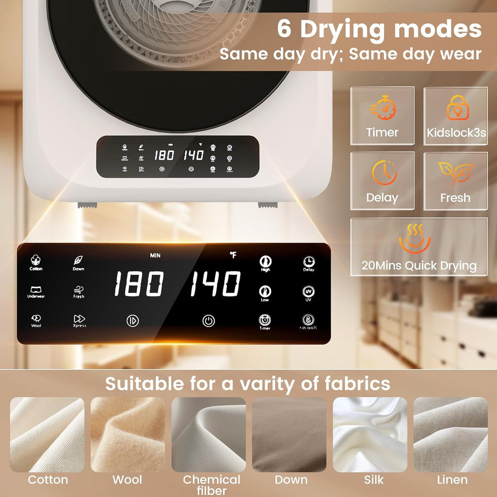 VCJ Portable Dryer for Laundry, 12lbs Clothes Dryer with 6 Drying Modes & 8H Timer, LED Display 850W Front Load Compact Electric Dryer for Apartment, RVs, Dorms