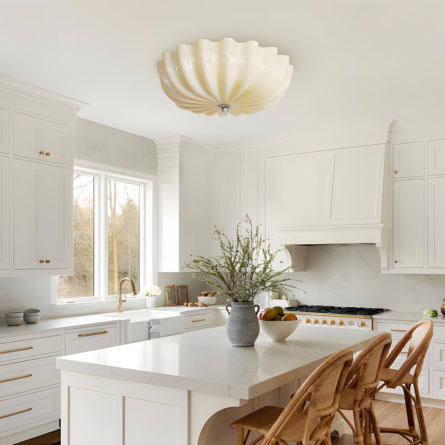 Retro Vintage Yellow Glass Ceiling Light Fixture Scalloped Semi Flush Mount Ceiling Light Modern LED Corridor Hallway Ceiling Lights Large Kitchen Flush Mount Lighting