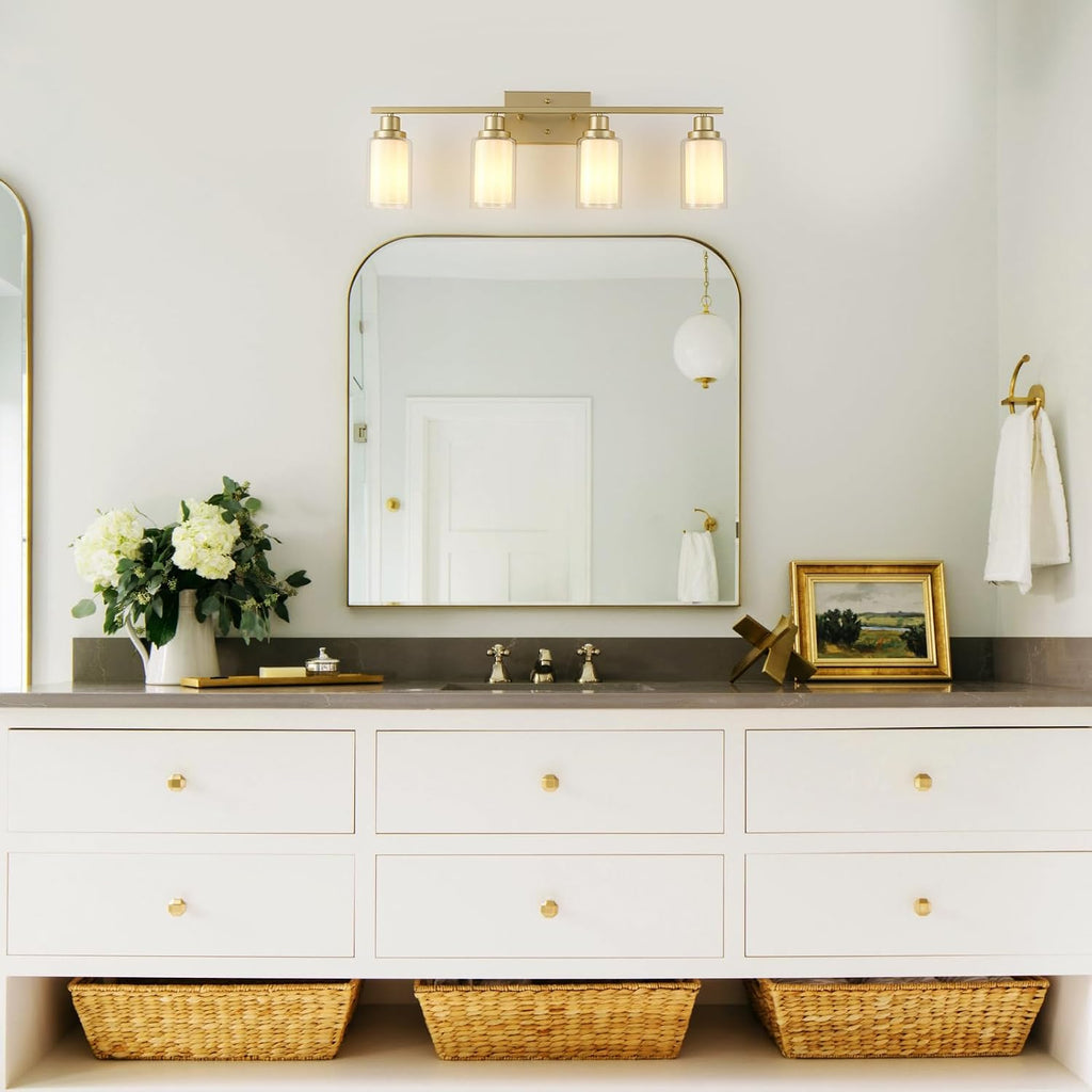 Jonsi Bathroom Vanity Light 4-Light Gold Vanity Lights 31' Bathroom Light Fixtures Over Mirror with Double Clear Glass Modern Wall Sconces for Living Room Hallway Bedroom