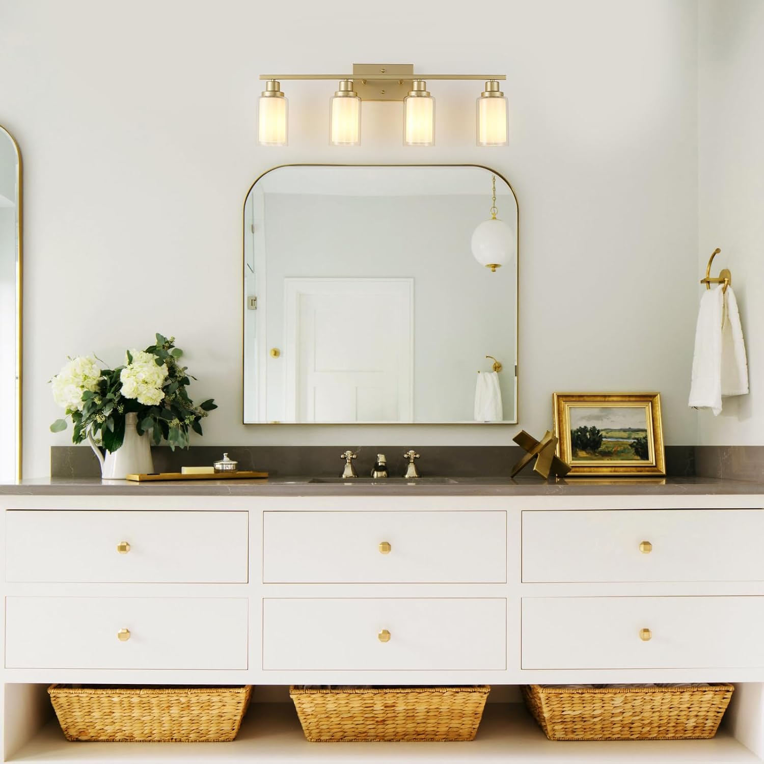 Jonsi Bathroom Vanity Light 4-Light Gold Vanity Lights 31' Bathroom Light Fixtures Over Mirror with Double Clear Glass Modern Wall Sconces for Living Room Hallway Bedroom