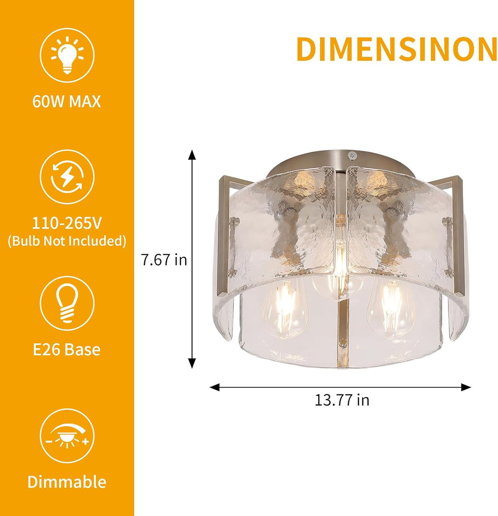 Modern 3-Light Semi Flush Mount Ceiling Light, Brushed Nickel Finish with Water Ripple Glass Shade, Farmhouse Close to Ceiling Light Fixture for Hallway, Bedroom, Kitchen, Living Room, Entryway