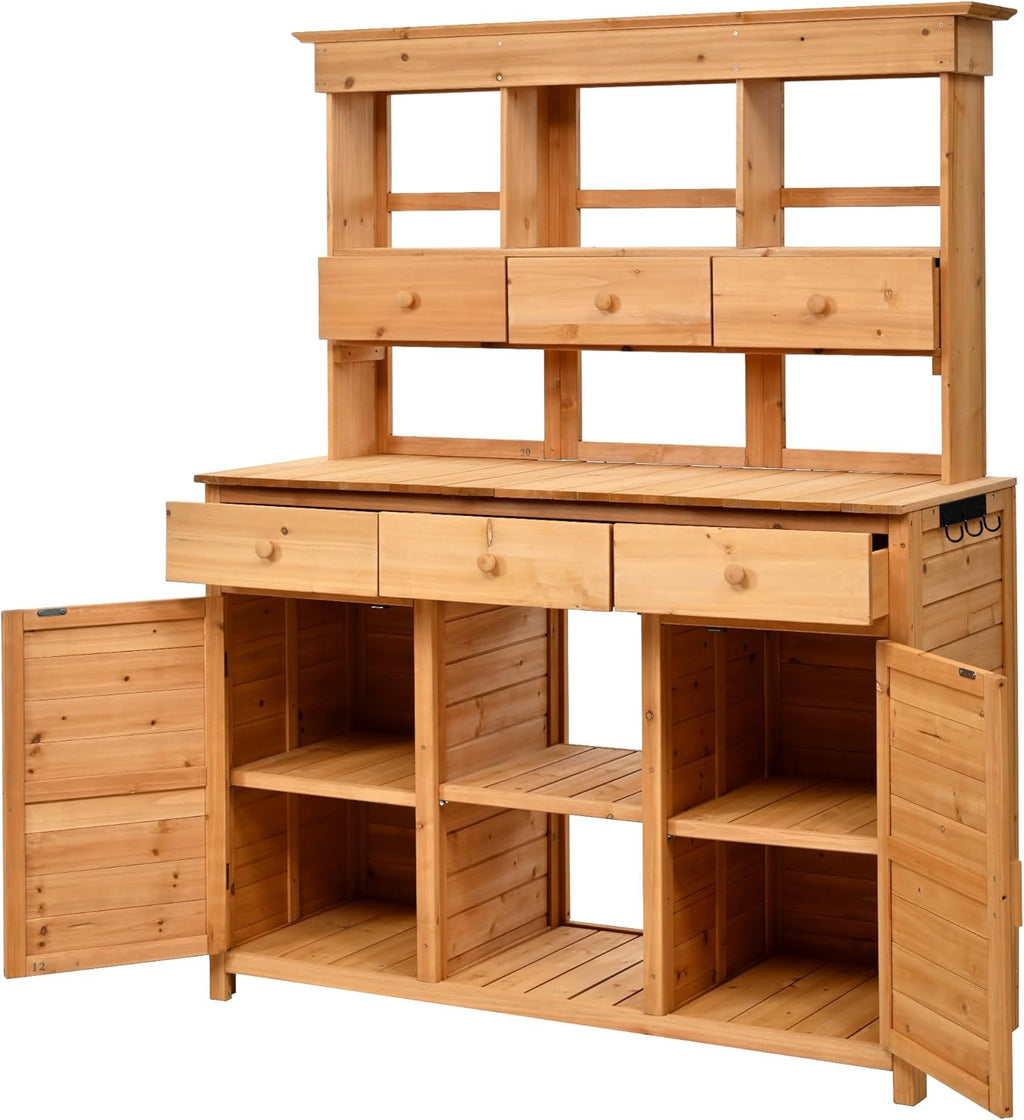 JIVOIT Outdoor Wood Workstation Table, 65.7'' H Tall Garden Potting Bench Table with Hutch, 3 Shelves, 6 Drawers, 2 Bottom Cabinets & Side Hooks, Patio Storage Workstation for Mudroom, Doorway