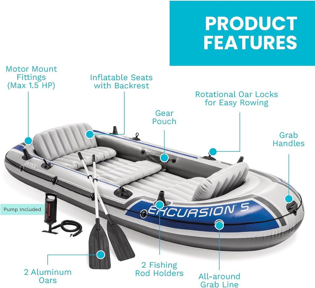 Intex Excursion 5 Person Inflatable Boat, Water Fishing River Raft Set w/ Oars - Large 1,300 Lb Capacity Portable Blow-Up 5 Seater Raft for Adults