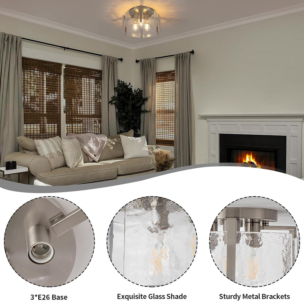 Nickel Semi Flush Mount Ceiling Light Fixture, 14-Inch Glass Drum Flush Mount Light Modern Foyer Lighting Fixtures Farmhouse Kitchen Lights for Entryway Hallway Bathroom Laundry Room Bedroom