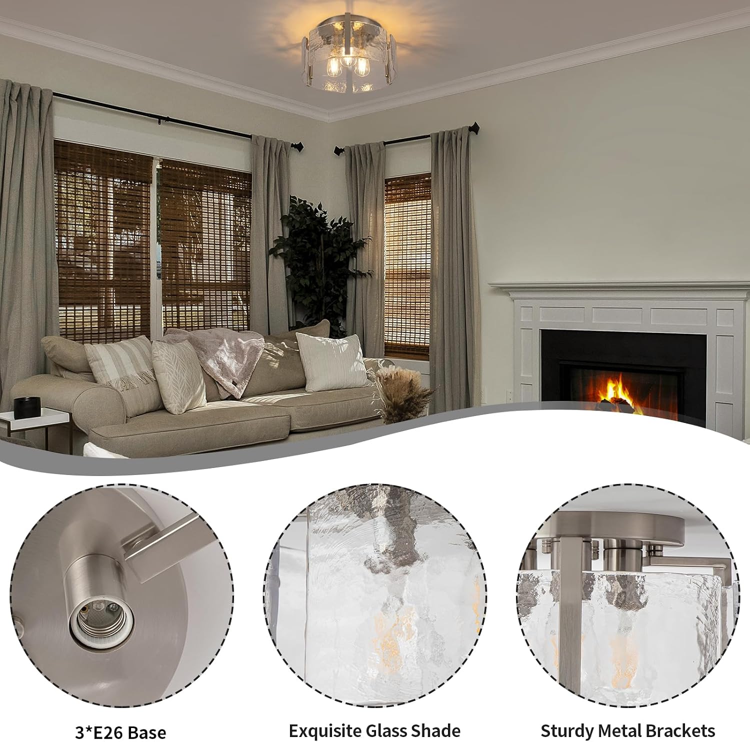Nickel Semi Flush Mount Ceiling Light Fixture, 14-Inch Glass Drum Flush Mount Light Modern Foyer Lighting Fixtures Farmhouse Kitchen Lights for Entryway Hallway Bathroom Laundry Room Bedroom