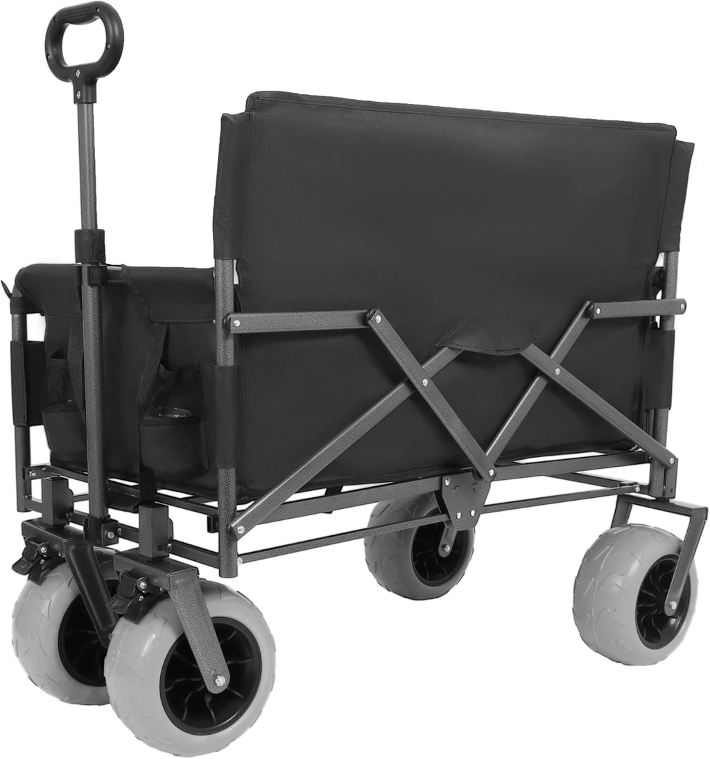 3-in-1 Folding Wagon with Bench Seat – 500lbs Capacity,Reinforced Carbon Steel Frame, 180L Cargo Space– Perfect for Camping, Beach, Outdoor Events & Heavy-Duty Hauling (Black + Cup Holder)