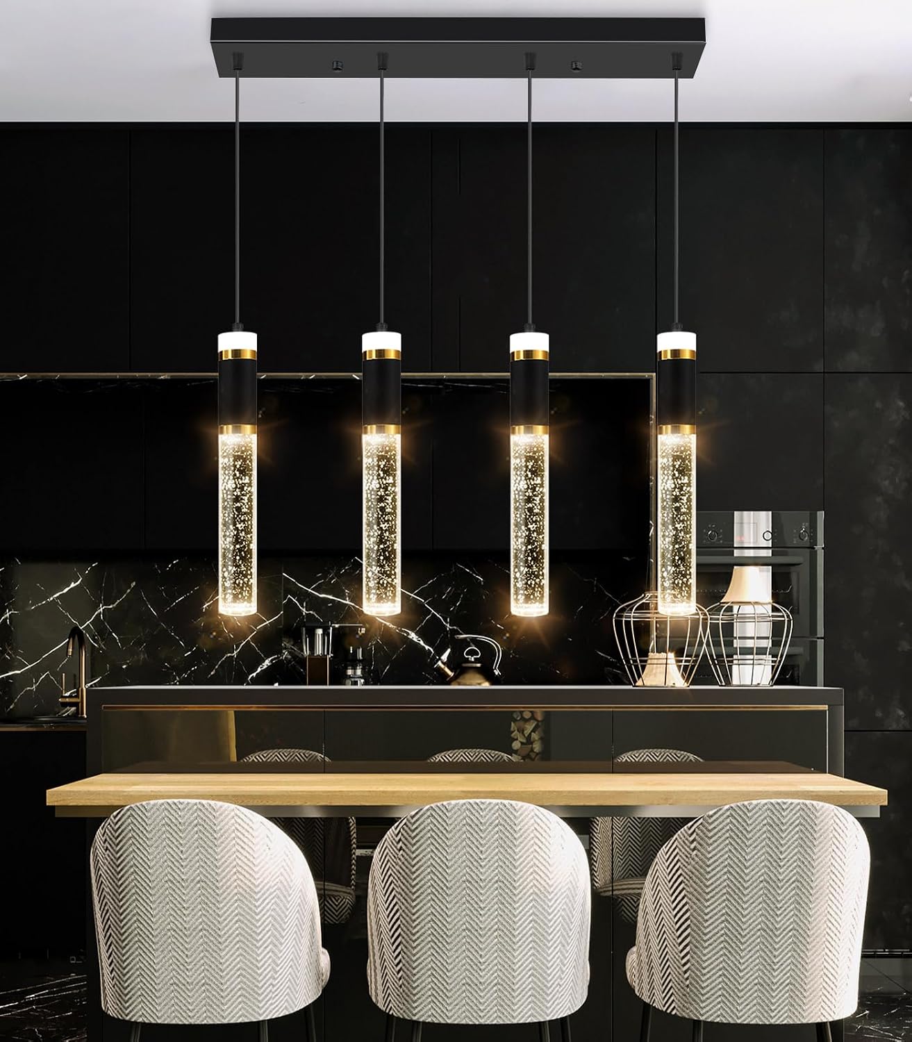4-Lights Modern Crystal Chandeliers for Kitchen Island LED Dimmable Pendants Lighting Fixture LED Ceiling Light for Dining Room