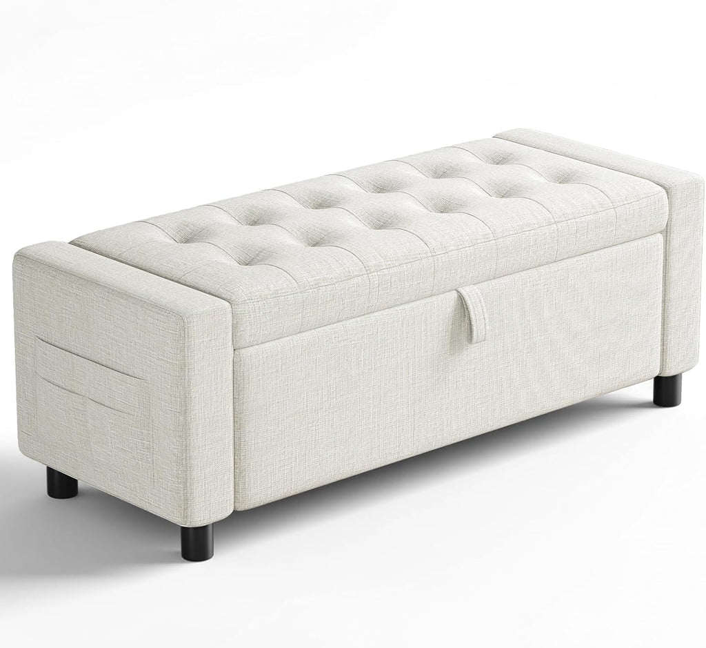 Amada 46' Storage Ottoman Bench with Safety Hinge, Hidden Compartment & Side Pocket - Upholstered End of Bed/Entryway Bench for Bedroom & Living Room, 400 lbs Weight Capacity, Beige