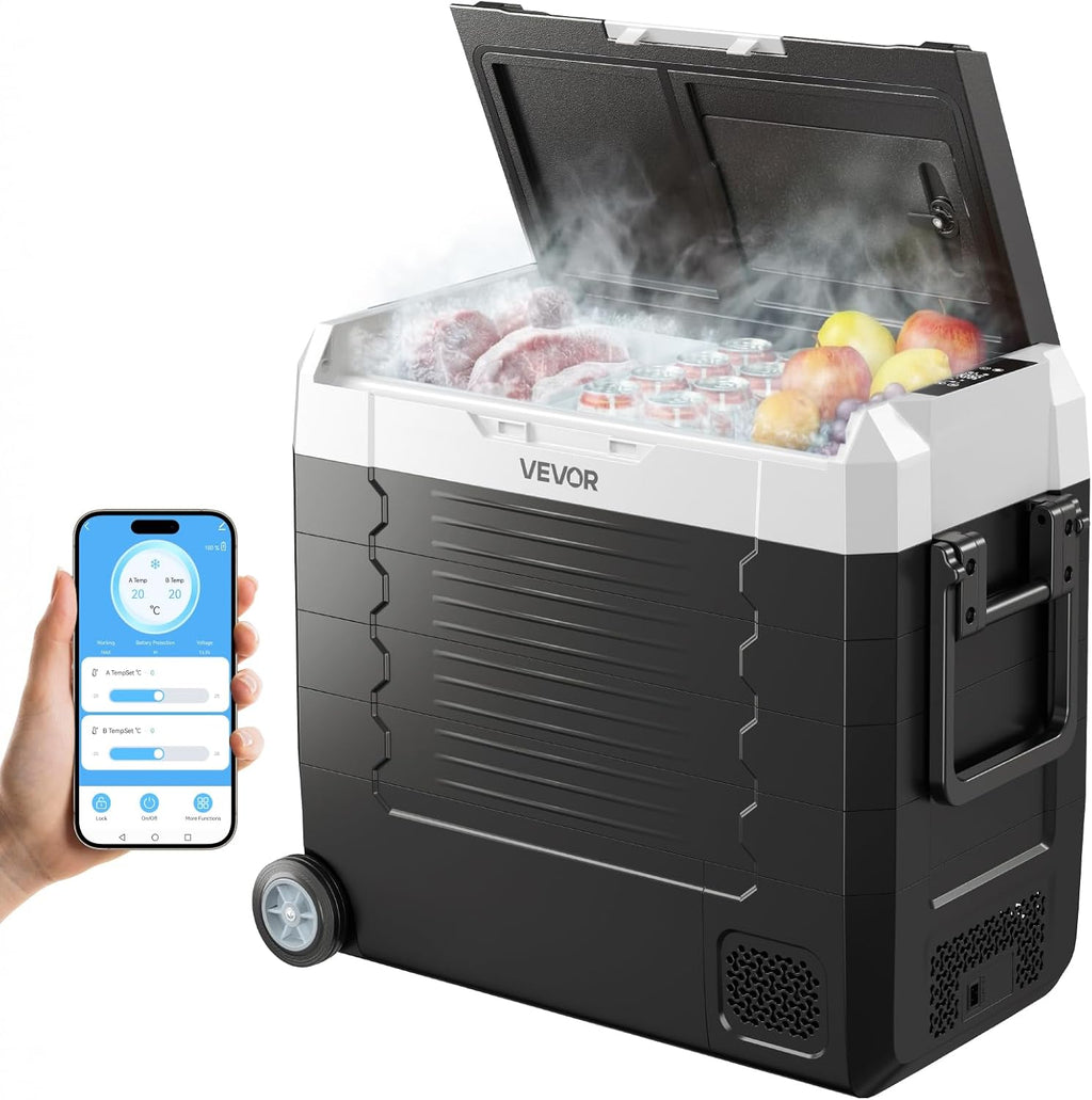 VEVOR Car Refrigerator, DC 12/24V AC100-240V Compressor Electric Cooler, -4°F to 68°F Truck Refrigerator with APP Control, Wheels & Dual Zone, 58 QT Cars Cooler for RVs, Boats, Camping, Fishing