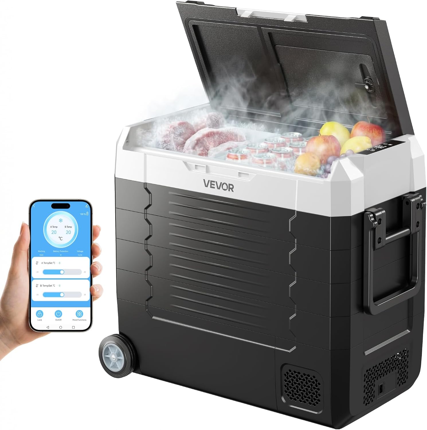VEVOR Car Refrigerator, DC 12/24V AC100-240V Compressor Electric Cooler, -4°F to 68°F Truck Refrigerator with APP Control, Wheels & Dual Zone, 58 QT Cars Cooler for RVs, Boats, Camping, Fishing