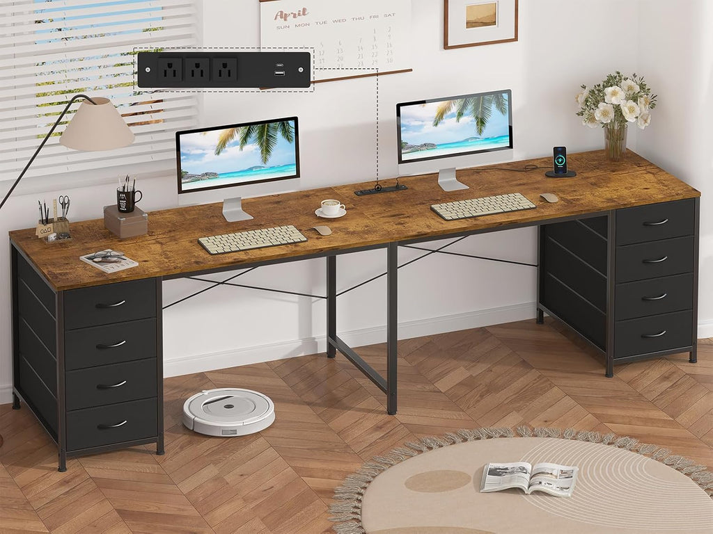 YOMILUVE 95'' Two Person Desk with 8 Drawers, Long Office Desk with Charging Station, 2 Person Desks Double Desk Writing Study Table for Home Office, Brown and White, Brown and Black