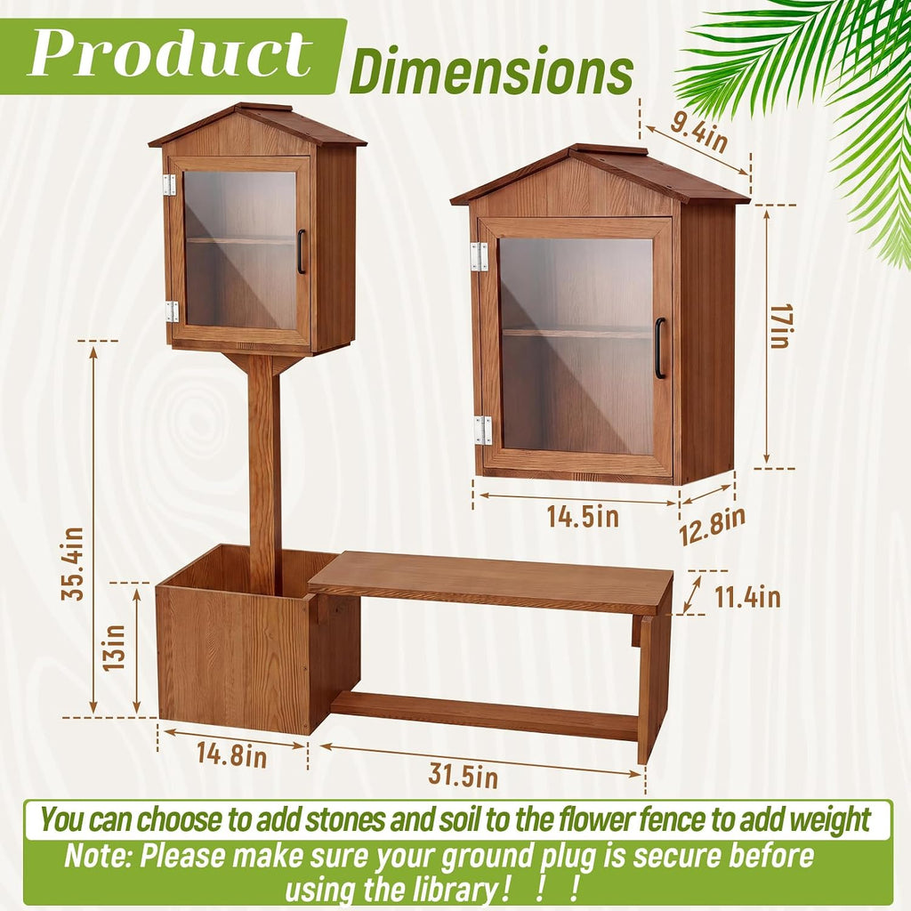 Wonderjune Little Library Box Outdoor with Bench & Planter DIY Paintable Lending free Library Solid Pine Wood Neighborhood Share Box Ground Mount Kit for Yard Garden Community School(Dark Brown)