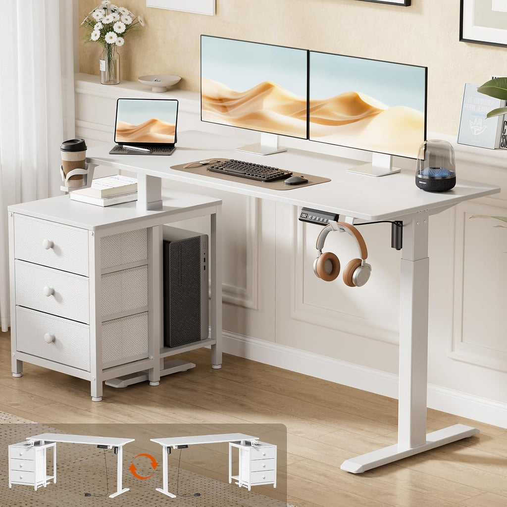 REAHOME Electric Standing Desk with Drawers, 55 x 24 Inches Height Adjustable Sit Stand Desk with Storage, 3 Memory Preset Home Office Computer Desk, Printer Cabinet, 2 Hooks, Cable Management, White