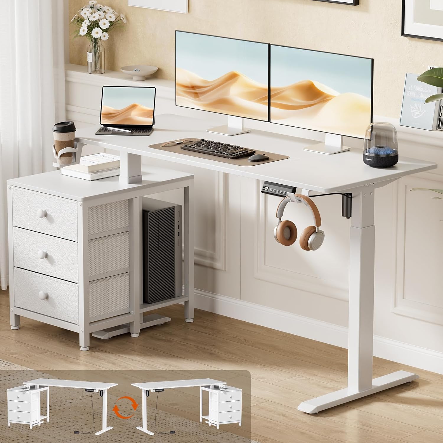 REAHOME Electric Standing Desk with Drawers, 55 x 24 Inches Height Adjustable Sit Stand Desk with Storage, 3 Memory Preset Home Office Computer Desk, Printer Cabinet, 2 Hooks, Cable Management, White