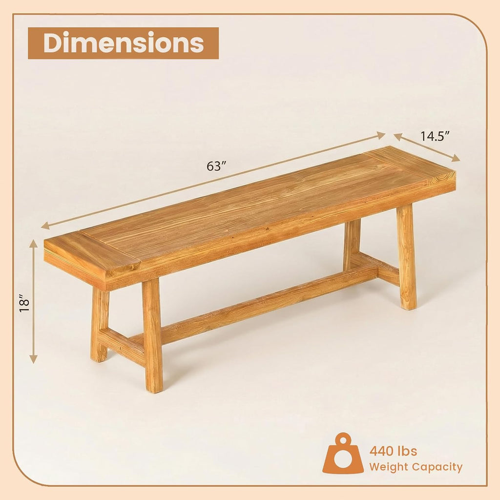 Tangkula 63-Inch Teak Wood Outdoor Bench Backless, Farmhouse Long Patio Dining Bench, 3-Person Dining Bench with Angled Legs for Dining, Entryway, Outside Wood Bench for Balcony, Backyard & Garden (1)