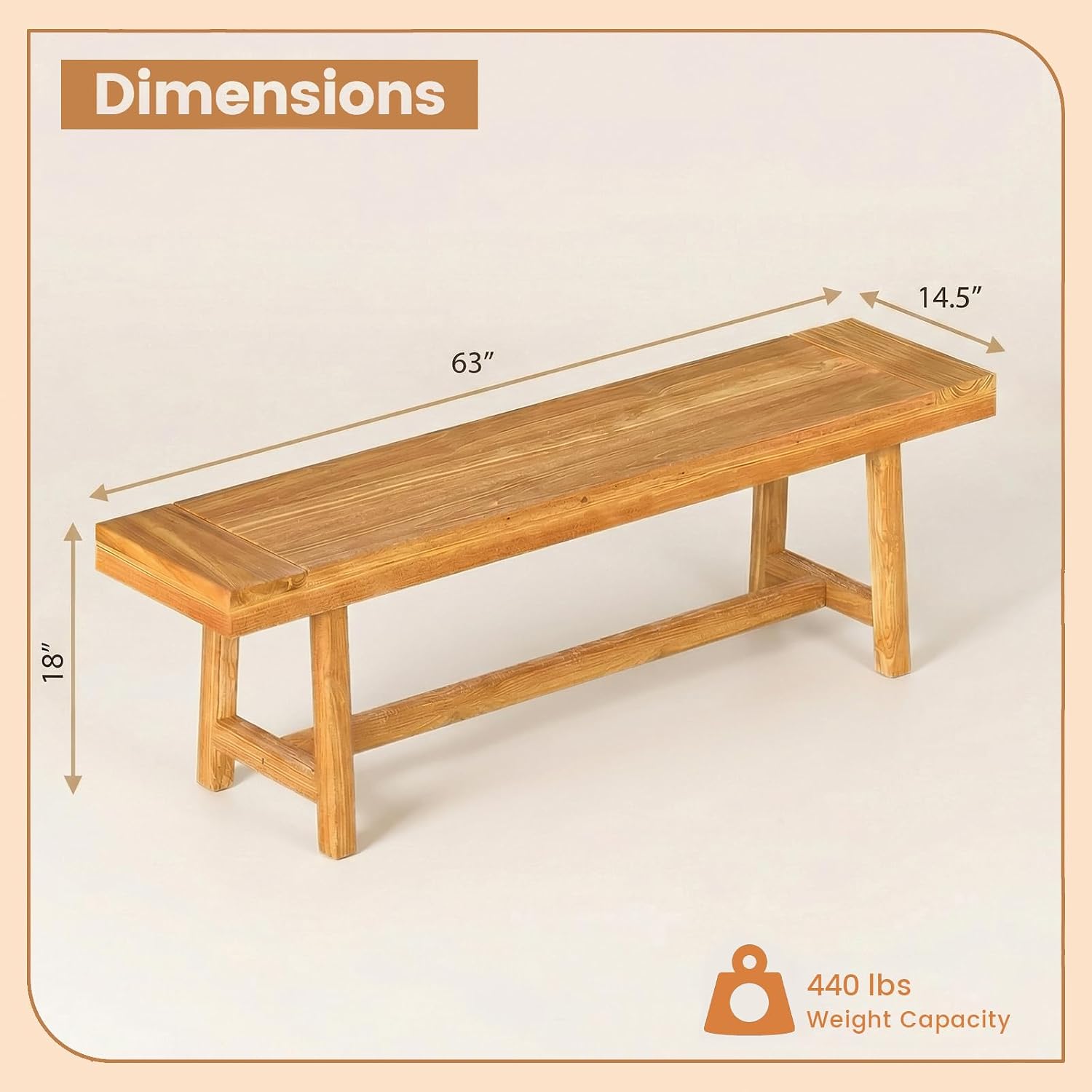 Tangkula 63-Inch Teak Wood Outdoor Bench Backless, Farmhouse Long Patio Dining Bench, 3-Person Dining Bench with Angled Legs for Dining, Entryway, Outside Wood Bench for Balcony, Backyard & Garden (1)