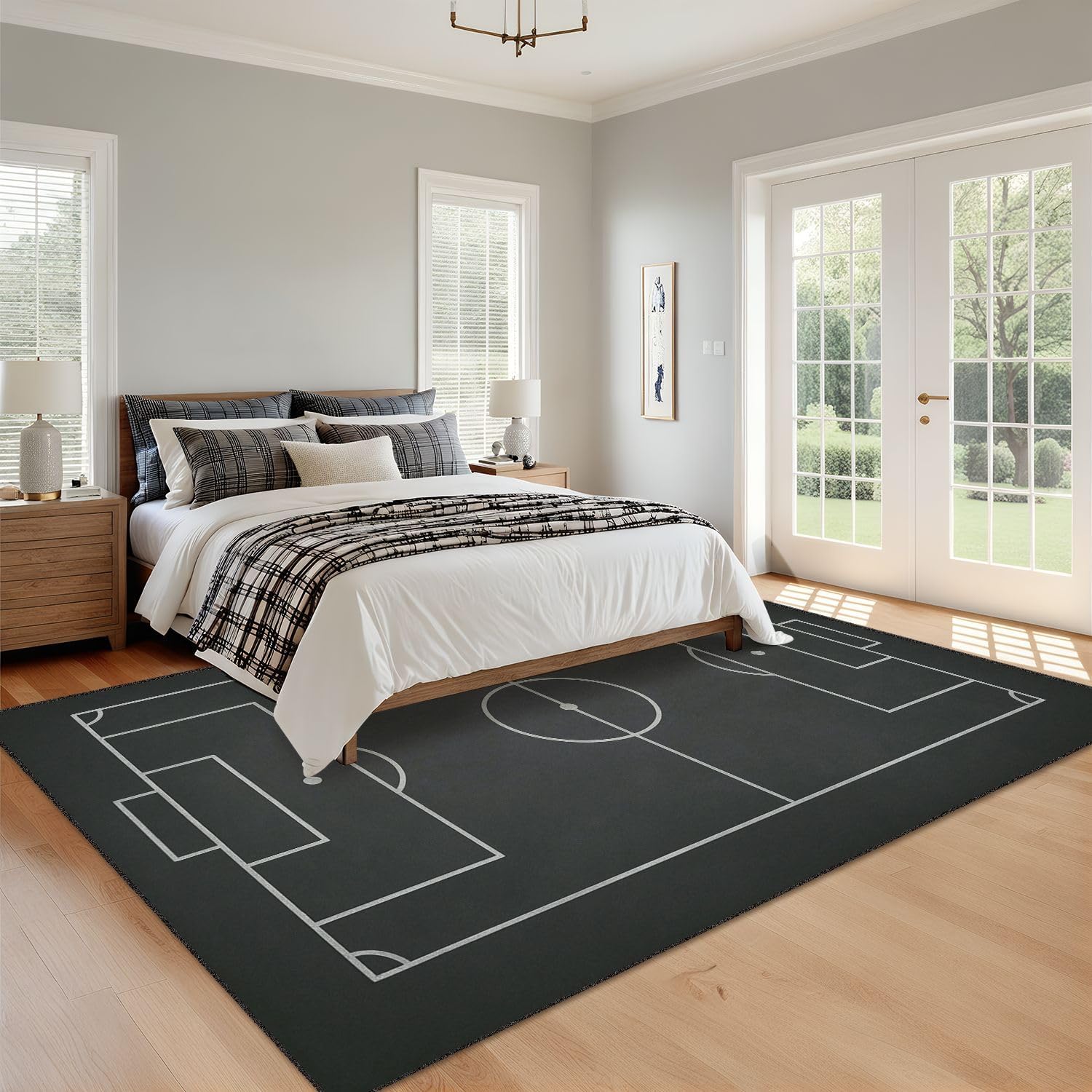 8x10 Area Rugs for Bedroom Boho Washable Rug for Living Room Soccer Field chalked Blackboard Football Stadium Painted Carpet for Dining Room Soft Rubber Backed Non-Slip Carpets for Bedroom Office