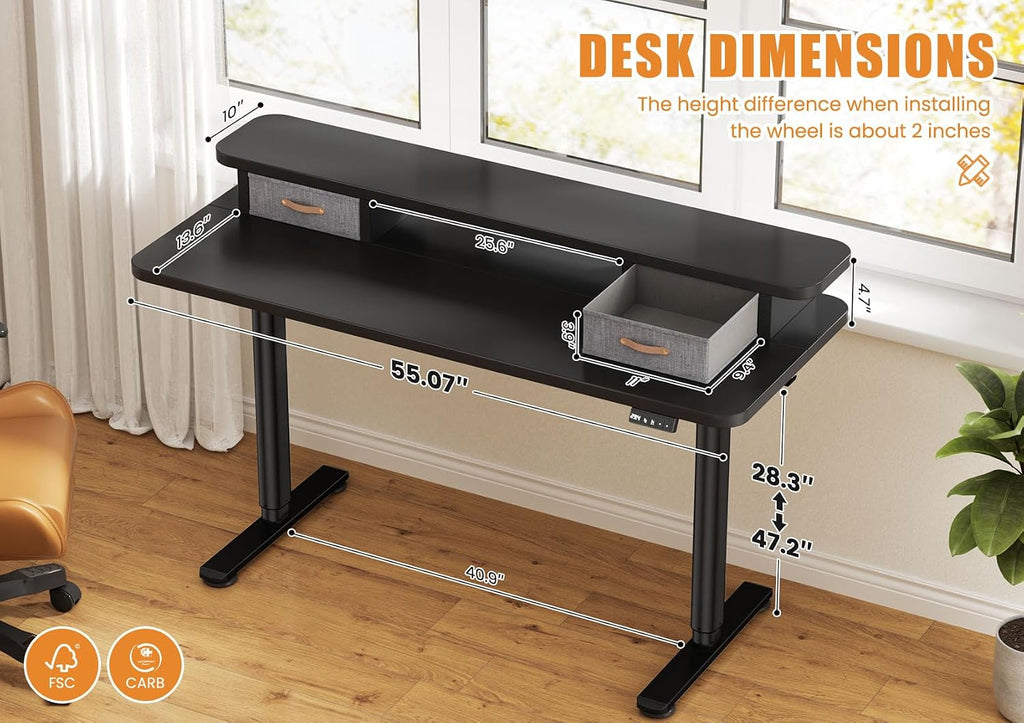 Flycity Electric Standing Desk with Dual Drawers, 55' x 24' Height Adjustable Desk Sit Stand Desk with Memory Controller, Casters & 2 Hooks, Ergonomic Low Noise Home Office Desk, Black