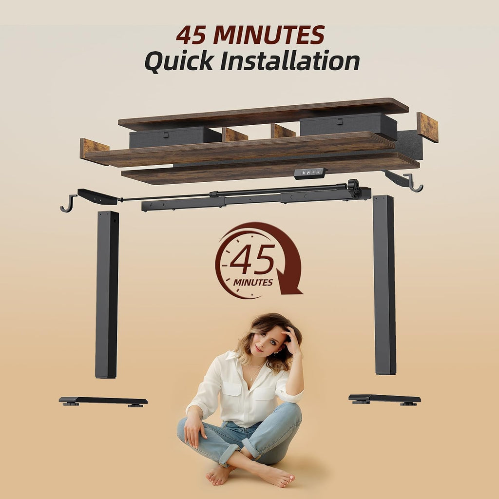 TIQLAB Standing Desk with Two Drawers, Stand Up Standing Desk Adjustable Height, Electric Sit Stand Table with Storage Shelf and Splice Board, 63 * 24 inch, Rustic Brown