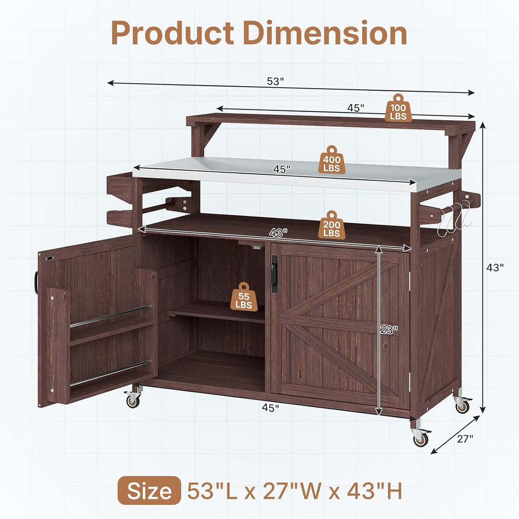 Zevemomo Outdoor Grill Cart with Raised Shelf, Stainless Steel Tabletop Outdoor Kitchen Island, Outdoor Buffet Cabinet with Lockable Wheels, Internal Storage Rack, Spice Rack for Grilling, Brown