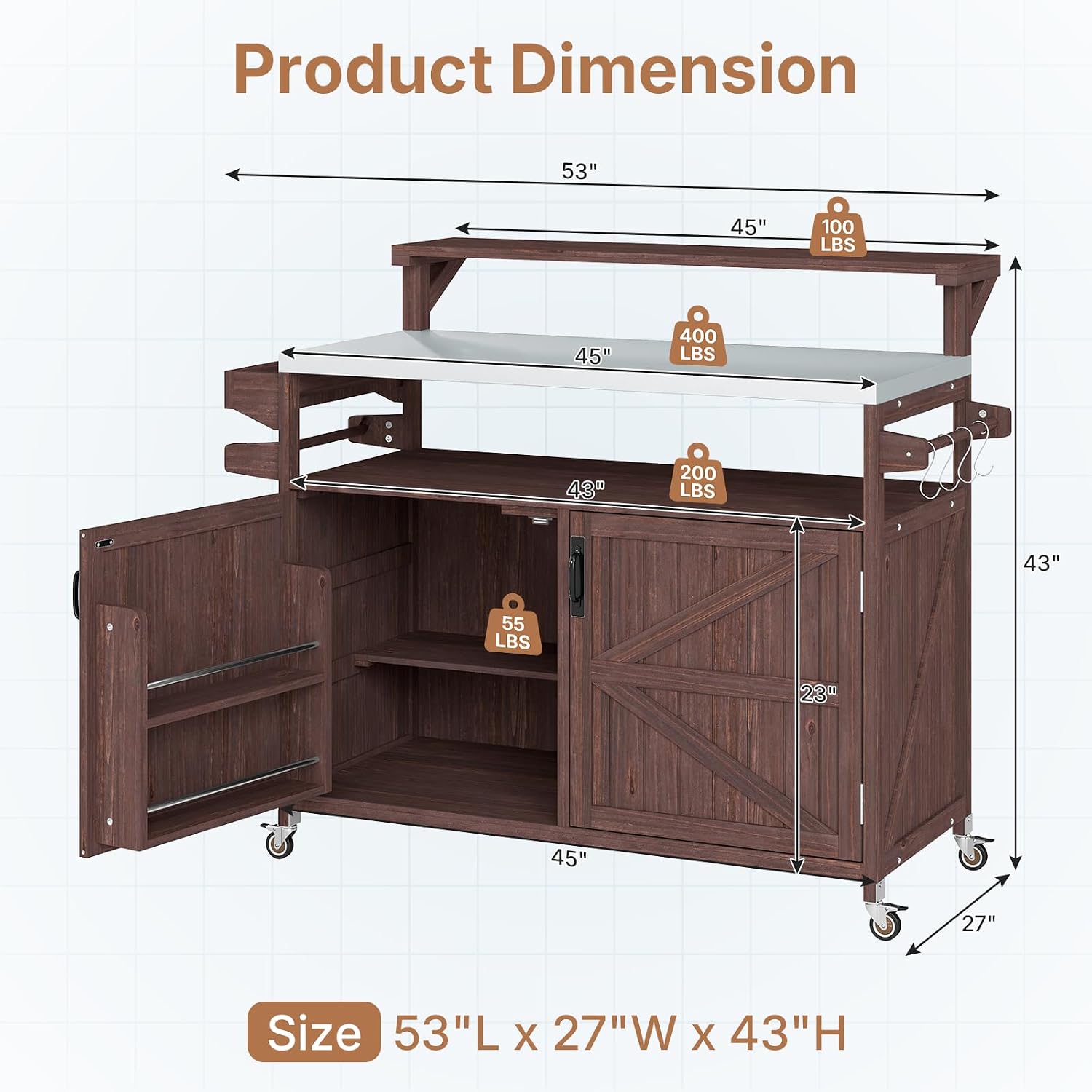 Zevemomo Outdoor Grill Cart with Raised Shelf, Stainless Steel Tabletop Outdoor Kitchen Island, Outdoor Buffet Cabinet with Lockable Wheels, Internal Storage Rack, Spice Rack for Grilling, Brown