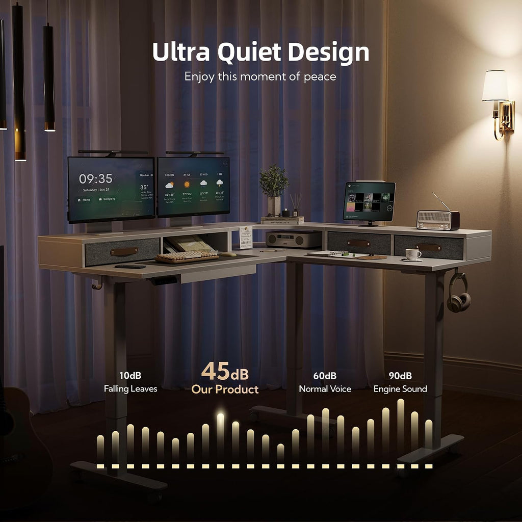 YDN Dual Motor 63' L Shaped Standing Desk with Drawers, Electric Height Adjustable Standing Desk with Monitor Stand & Splice Board, Black