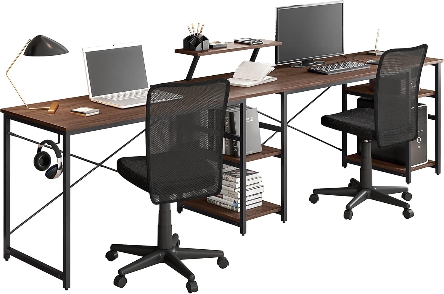 Techni Mobili Office Desk - Reversible L Shaped Desk with Storage Shelves, Monitor Stand & Accessory Holder - Ergonomic & Industrial Workstation Corner Table with Durable Steel Frame, Walnut