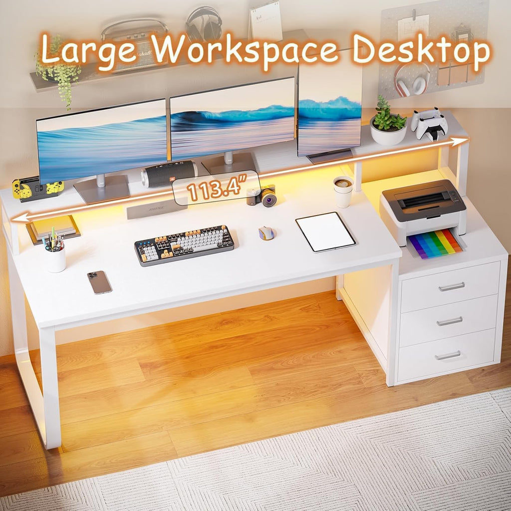HOMBCK 67' Computer Desk with 3 Drawers, Home Office Desk with Long Monitor Stand and Printer Space, Office Desk with Storage & LED Lights, Writing Desk with Drawers, White