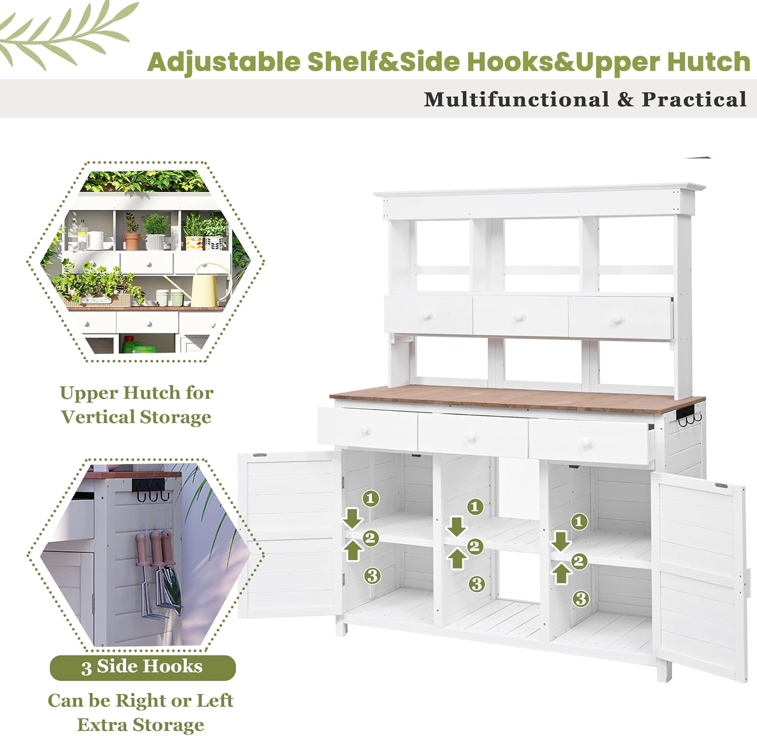 JIVOIT Outdoor Wood Workstation Table, 65.7'' H Tall Garden Potting Bench Table with Hutch, 3 Shelves, 6 Drawers, 2 Bottom Cabinets & Side Hooks, Patio Storage Workstation for Mudroom, Doorway