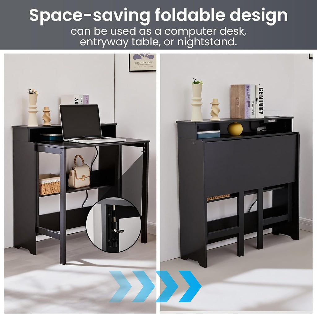 Folding Desk with Charging Station,Fold Out Desk with Monitor Stand,Storage Shelf,Small Foldable Computer Desk for Compact Home Office Spaces (Black)
