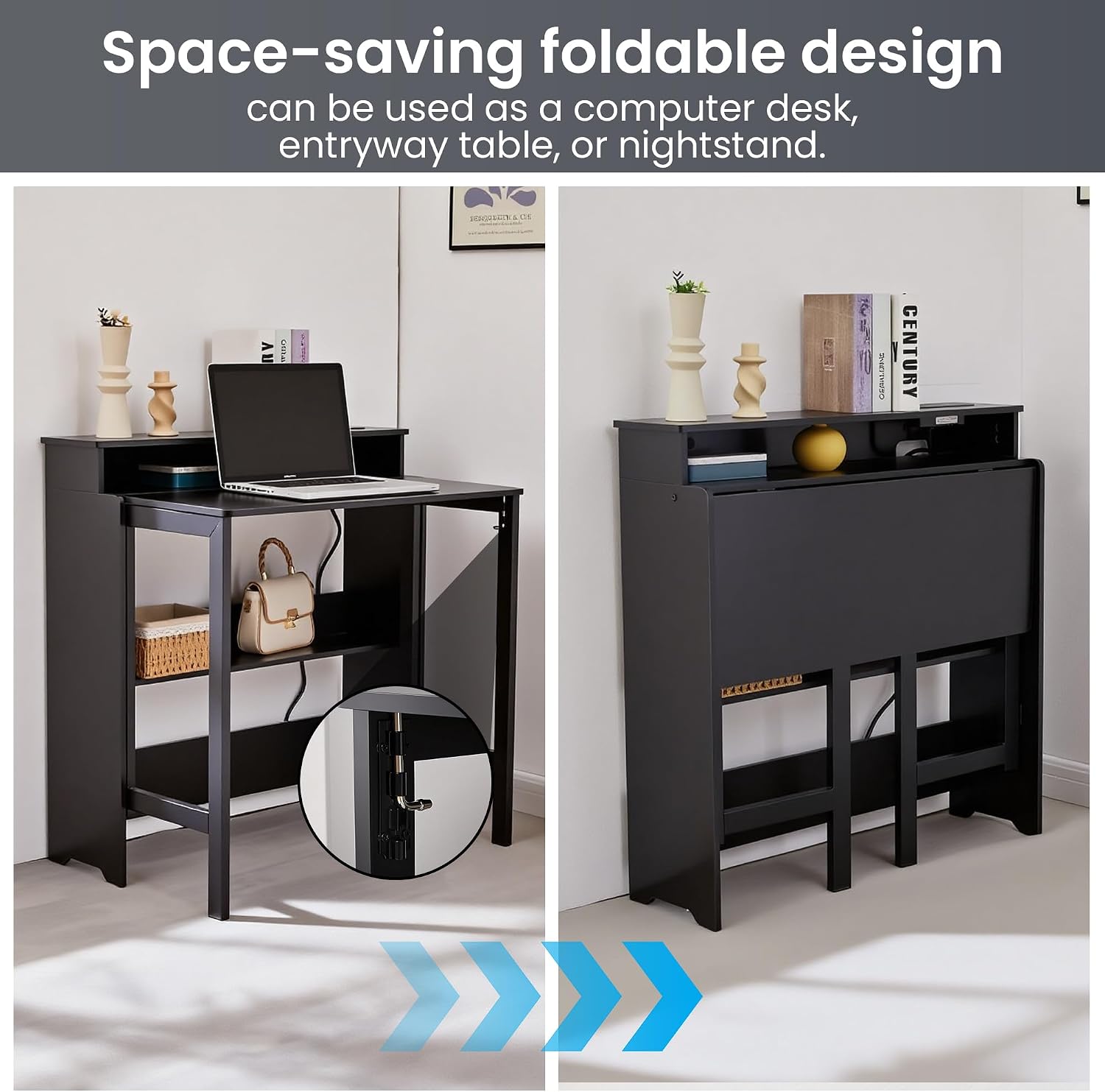 Folding Desk with Charging Station,Fold Out Desk with Monitor Stand,Storage Shelf,Small Foldable Computer Desk for Compact Home Office Spaces (Black)