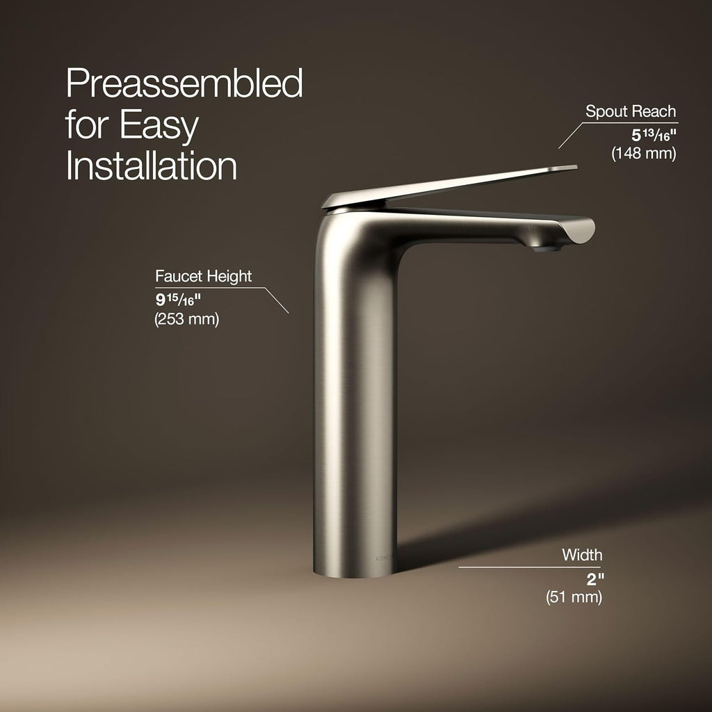 Kohler 97347-4-BN Avid® Tall Single-Handle Bathroom Sink Faucet, 1.2 gpm, Vibrant Brushed Nickel