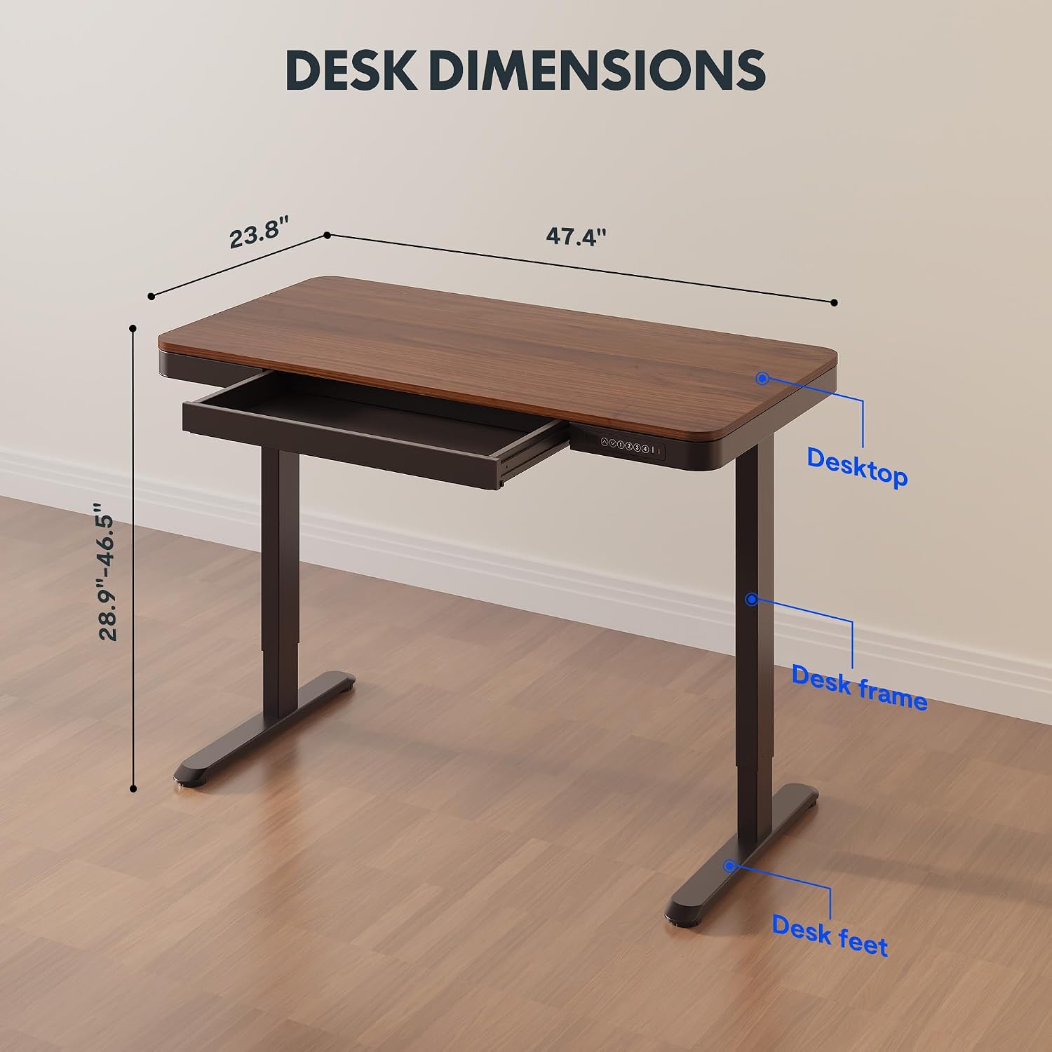 FLEXISPOT Comhar 48' Electric Standing Desk with Drawers, Quick Assembly Home Office Sit Stand Desk with Storage & USB Charging, Computer Workstation for Home Office (48' Wood, Dark Walnut/Black)