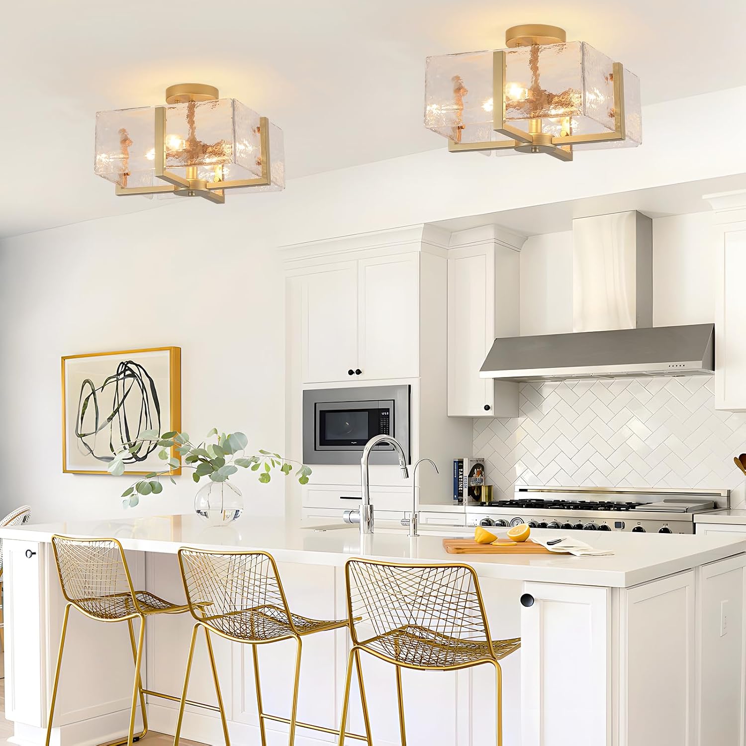 Gold Flush Mount Ceiling Light, 4-Light Brass Vintage Semi Flush Mount Hallway Foyer light fixture, Modern Glass Square Close to Ceiling Light for Kitchen, Dining Room, Bedroom, Bathroom, Entryway