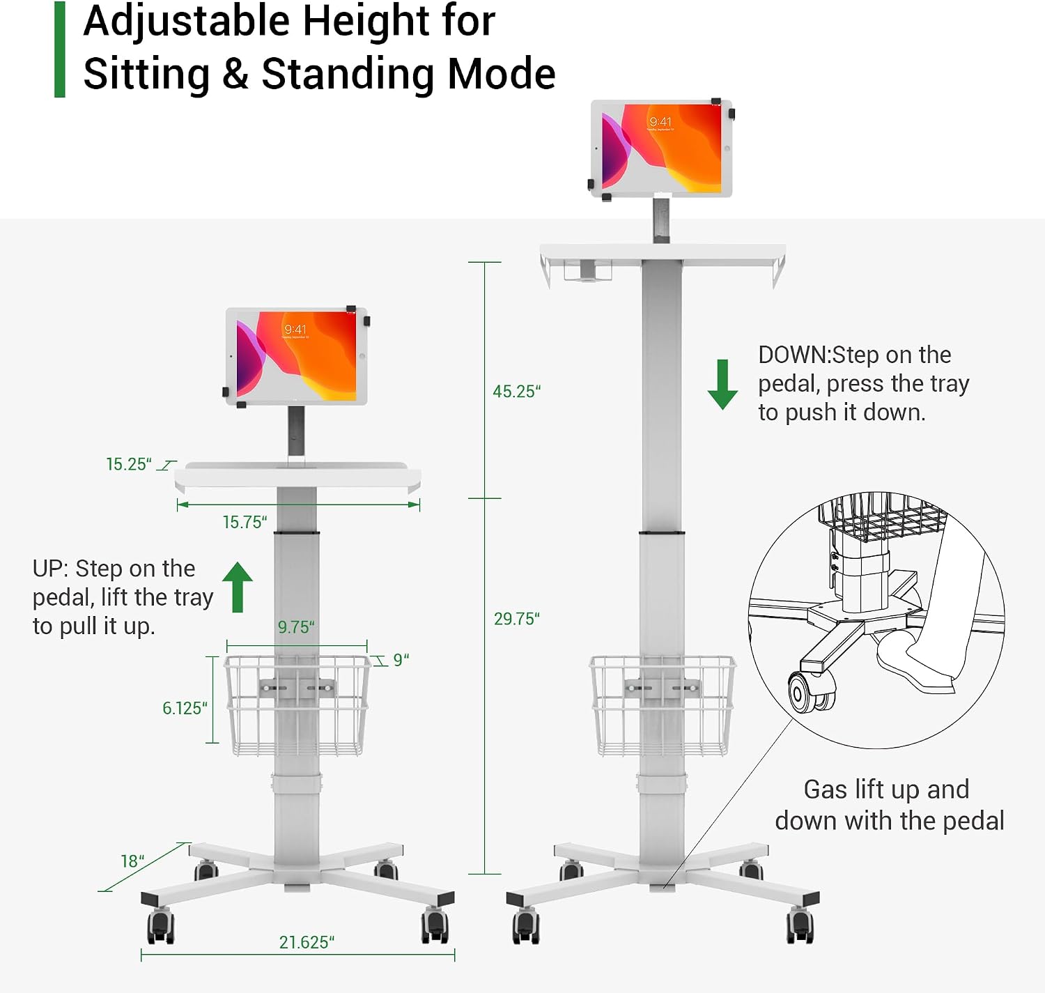 Mobile Medical Tablet Cart Compatible with 9.7-12.9' iPad, Rolling Medical Workstation, Mobile Tablet Workstation for Hospital, Clinic, Library, Restaurant, Rolling Floor Stand Cart