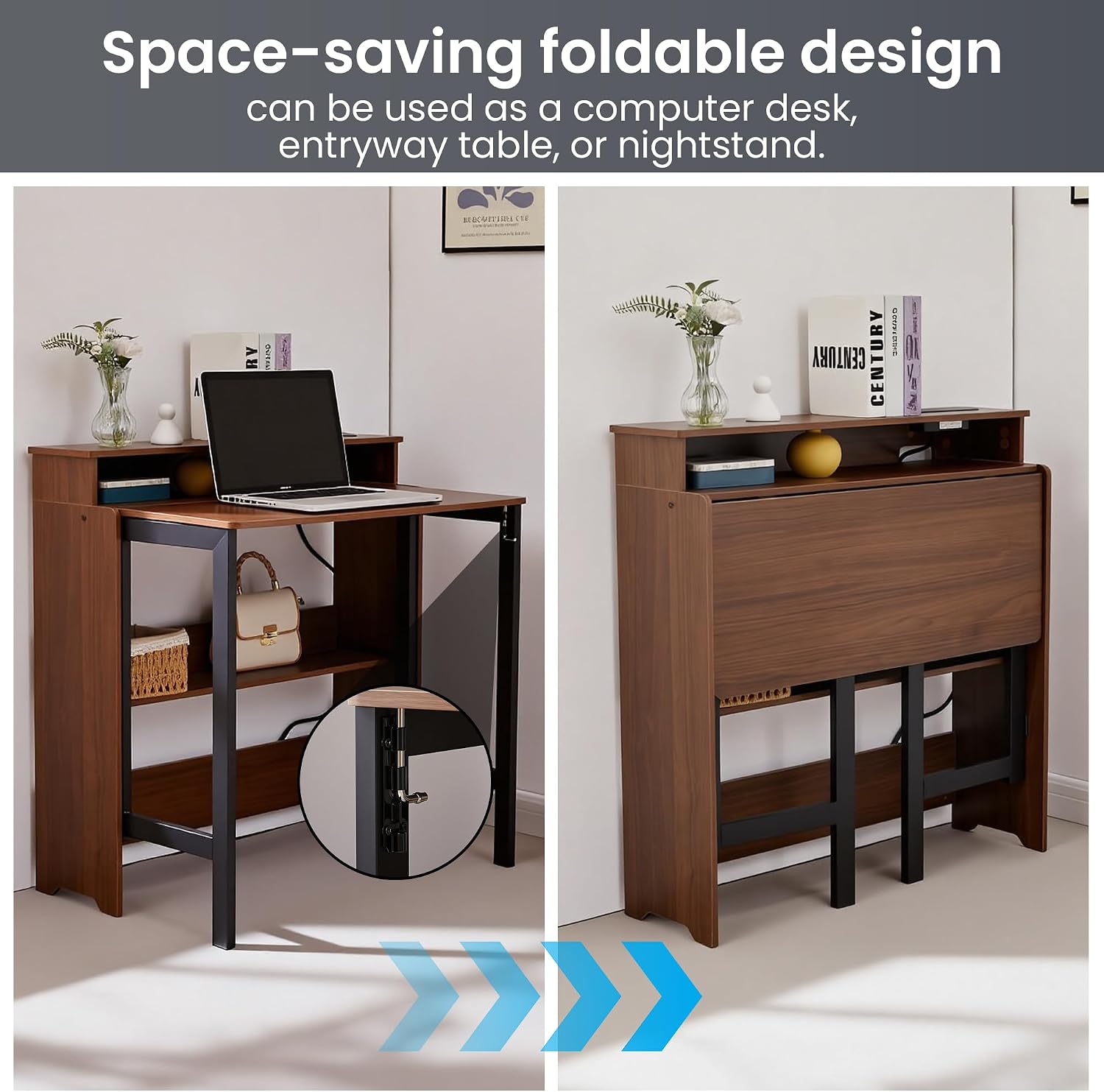 Fold Out Desk with Charging Station, Folding Desk with Monitor Stand,Storage Shelf,Small Foldable Desk for Compact Home Office Spaces