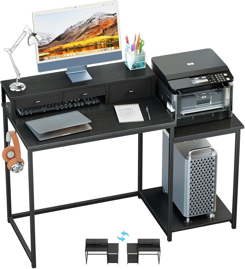 SINPAID 47 inch Computer Desk with Printer Shelf, Gaming Desk with Monitor Stand and Drawers, Reversible Home Office Desk with Storage Shelves and 2 Hooks, Home Workstation for Study Writing, Black