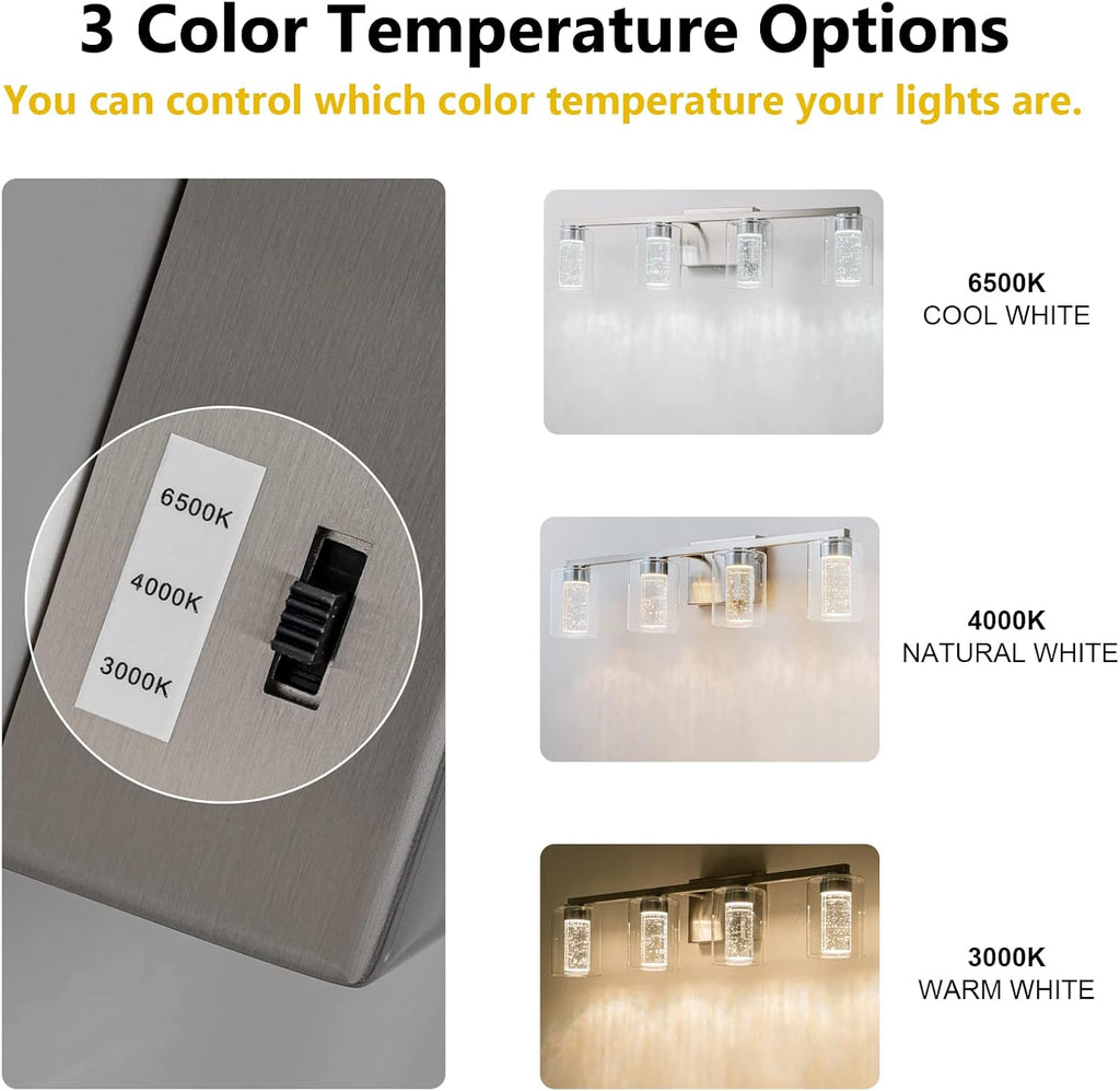 SineRise 4-Light Brushed Nickel Vanity Light with 3 Color Modes (3000K/4000K/6000K), Eye Protection LED Bathroom Light Fixture, Dimmable Modern Wall Light Over Mirror with Clear Glass Shade