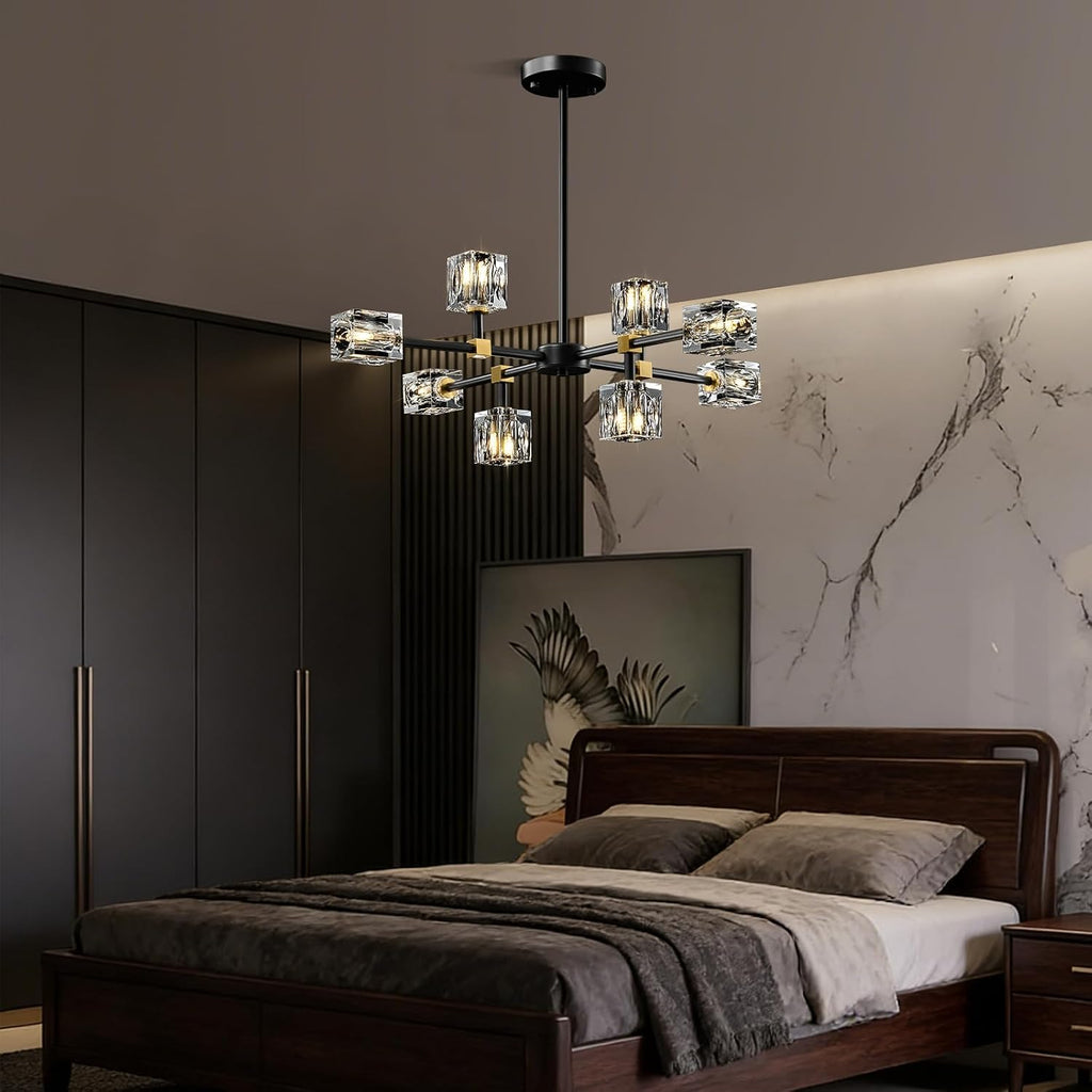 Modern Sputnik Crystal Kitchen Chandelier - Luxury Elegant 8 Light Black and Gold Brushed Brass Chandeliers - Adjustable Height Pendant Lighting Ceiling Fixture for Dining Room Living Room Island
