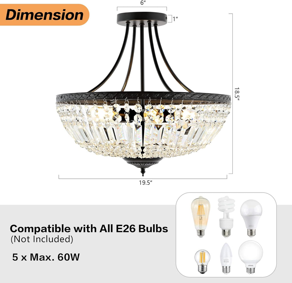 WINGBO 19.5 Inch Crystal Ceiling Light Fixture, 5-Light Raindrop Semi Flush Mount Chandelier, Modern Round Close to Ceiling Hanging Light for Living Room Dining Room Bedroom Hallway, Black