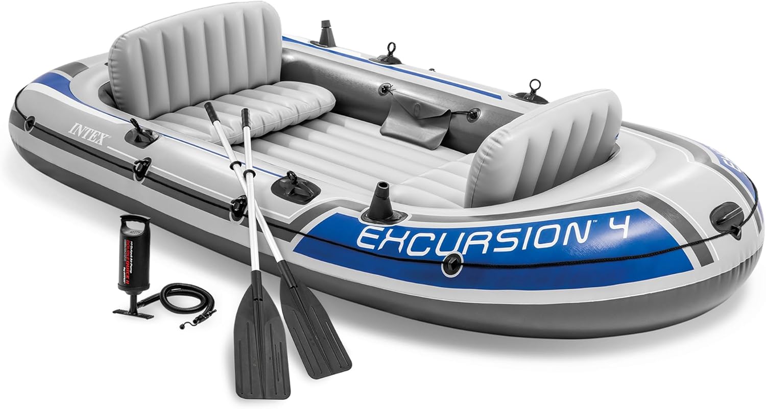 Intex 68324EP Excursion 4 Inflatable Boat Set: Includes Deluxe 54in Boat Oars and High-Output Pump – Adjustable Seats with Backrest – Fishing Rod Holders – 4-Person – 1100lb Weight Capacity