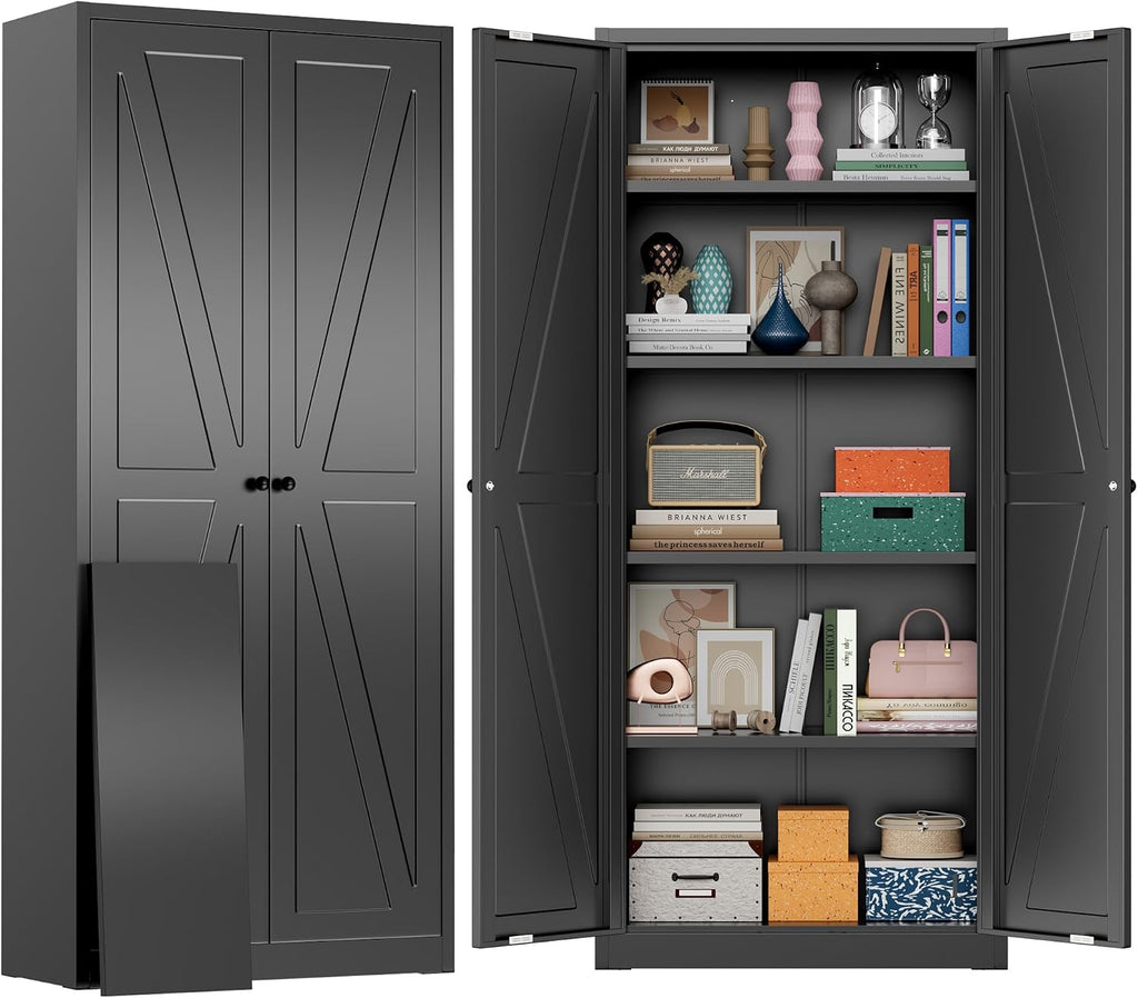Greenvelly Metal Cabinet, 63' H Black Metal Storage Cabinet with Doors and 4 Shelves, Pantry Storage Cabinet for Kitchen, Bedroom, Living Room, Office (Farmhouse)