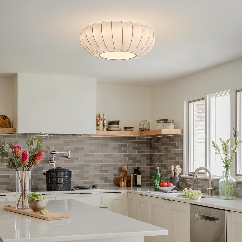 Japanese Silk Flush Mount Ceiling Light 16 Inch White Kitchen Ceiling Lighting Fixtures Vintage Bedroom Ceiling Light Fixtures Mid Century Modern Overhead Lamp