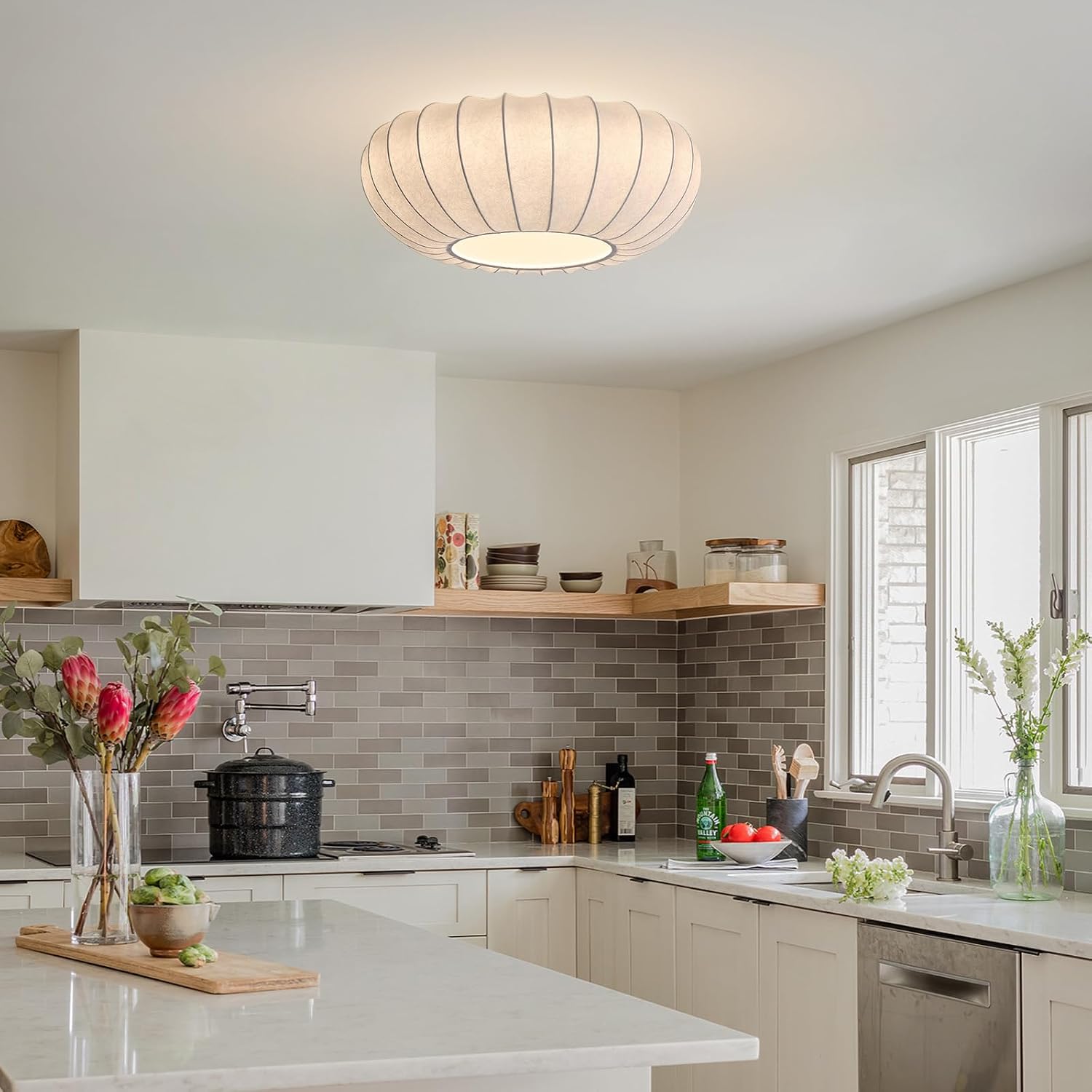 Japanese Silk Flush Mount Ceiling Light 16 Inch White Kitchen Ceiling Lighting Fixtures Vintage Bedroom Ceiling Light Fixtures Mid Century Modern Overhead Lamp