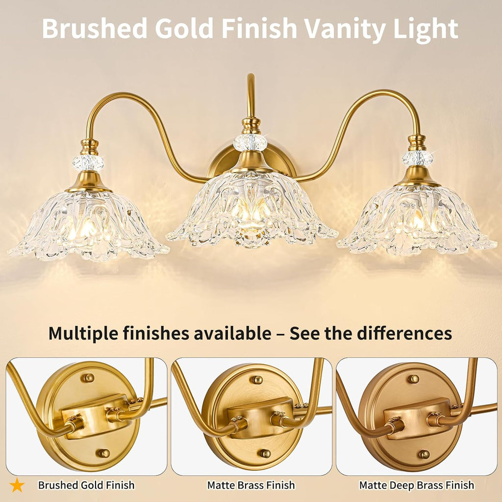 Gold Bathroom Vanity Light, 3-Light Brushed Gold Finish Vanity Light with Floral Clear Glass Shades, Retro Wall Mount Lighting for Bathroom, Dressing Table