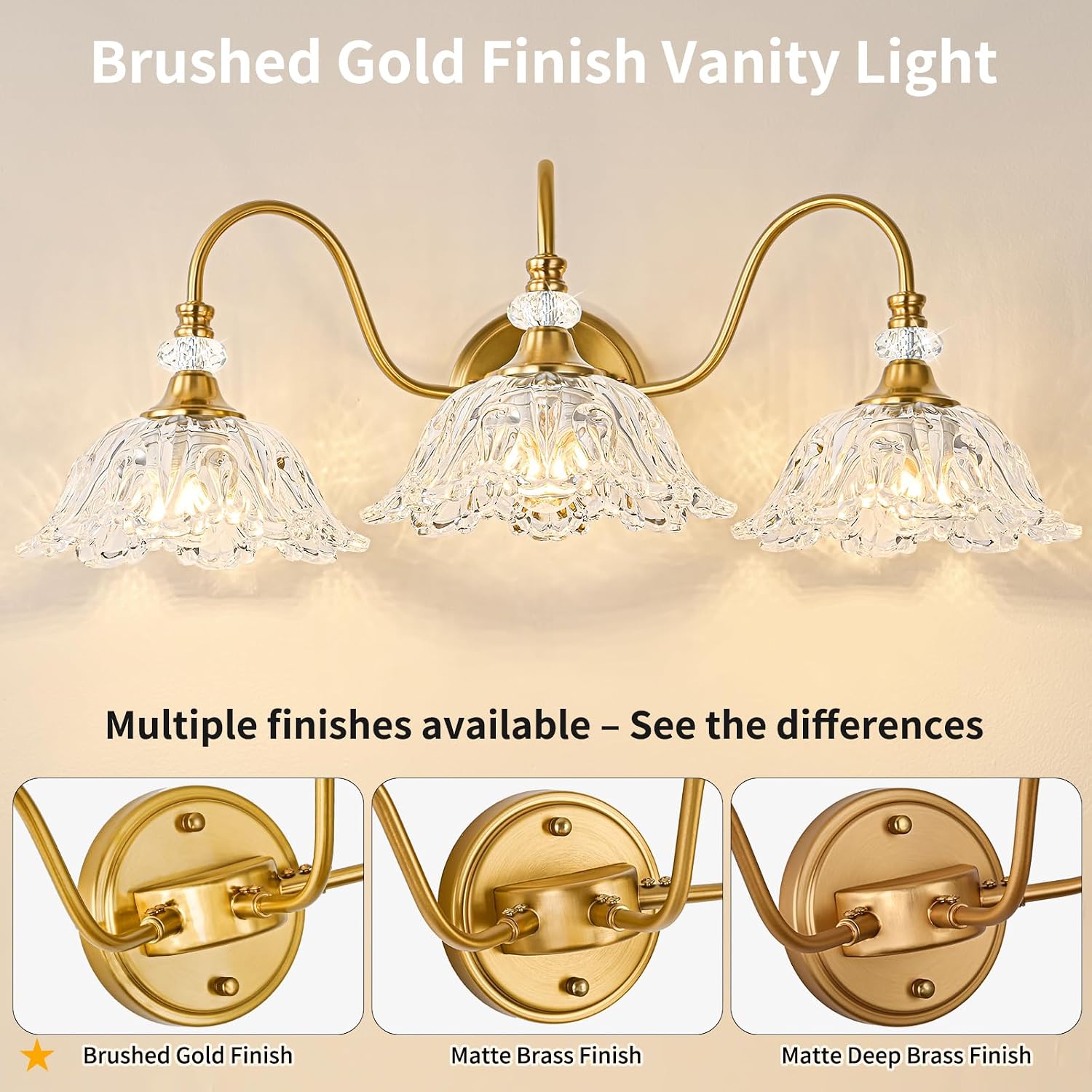 Gold Bathroom Vanity Light, 3-Light Brushed Gold Finish Vanity Light with Floral Clear Glass Shades, Retro Wall Mount Lighting for Bathroom, Dressing Table