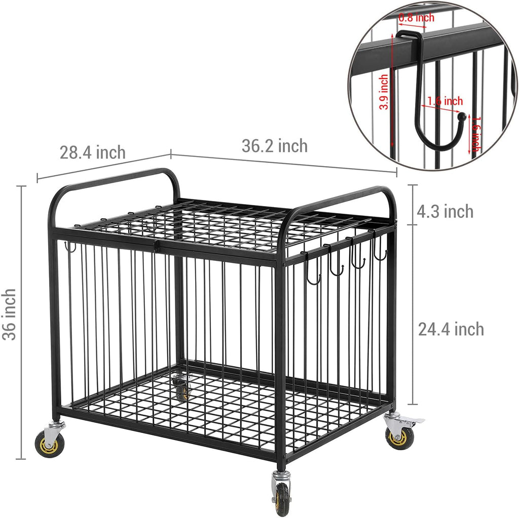 MyGift Large Capacity Metal Rolling Multi Sports Ball Cage Storage Hopper, Gym Equipment Basket Cart with Lockable Latch, Heavy Duty Caster Wheels, and 8 Accessory Hooks