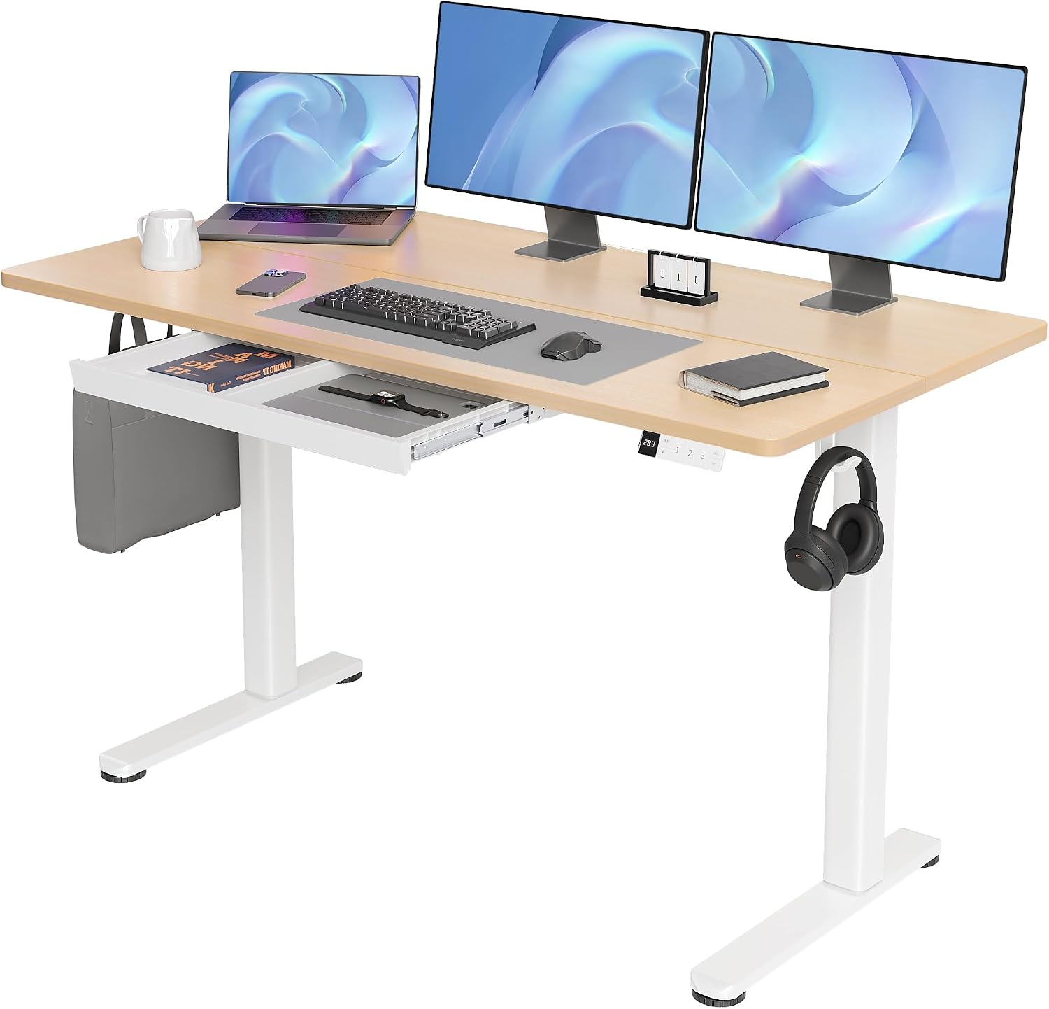 Claiks Standing Desk with Drawers, 55x24 Inch Electric Stand Up Adjustable Height Desk Computer Workstation, Natural